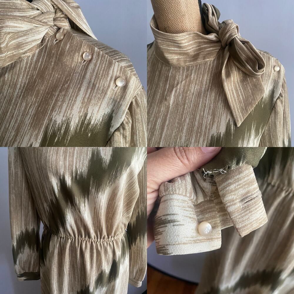 Vintage 70s Abstract Midi Dress High Neck Side Bow Olive Taupe M - Picture 16 of 17
